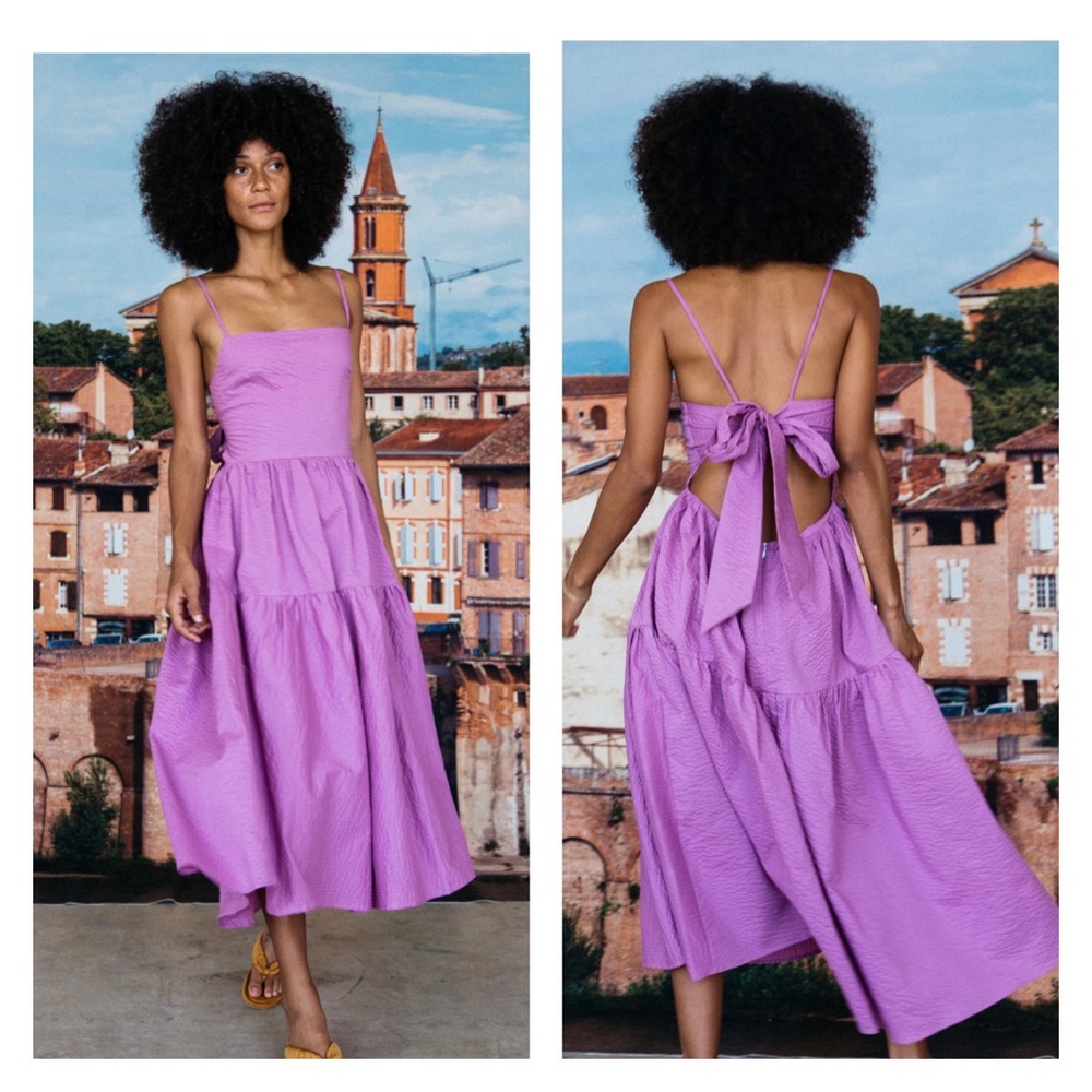 CIAO LUCIA | Gioia Purple Tie Back Open Back Tiered Cotton Midi Dress Small